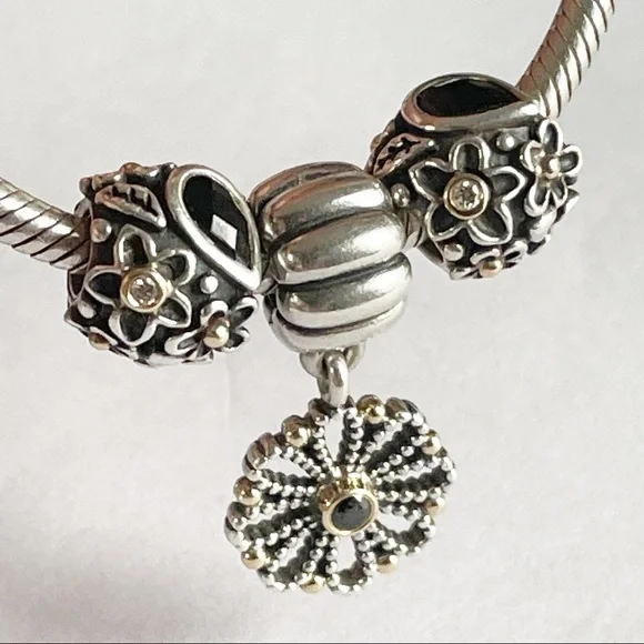 Pandora Dew Drops on Flowers Diamond Charm w/14k Details, Onyx & Diamonds - Picture 15 of 16